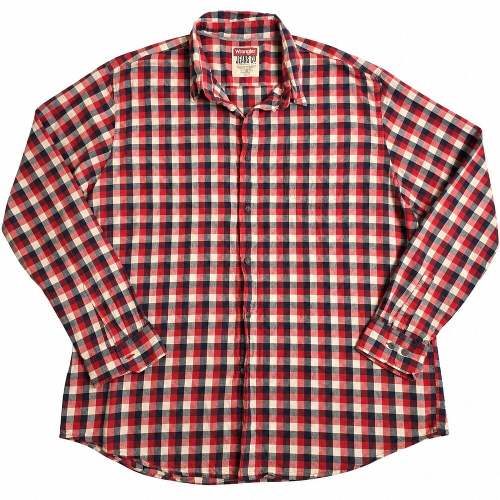 Wrangler Jeans Co Men’s 2XL Red Navy Plaid Button Up Shirt Cotton